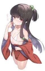  1girl bikini black_hair closed_eyes female_focus flame_iii flat_chest hands_on_own_face highres japanese_clothes kimono loli long_hair micro_bikini off_shoulder open_clothes pointy_ears red_eyes simple_background sweat swimsuit tsurime unizou viprpg white_background 