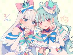  2girls aqua_hair aqua_hairband blue_choker blue_eyes blue_headwear blush bow brooch choker closed_mouth crown cure_lillian cure_nyammy dated dot_nose drawn_ears drawn_whiskers dress hairband hat hat_bow heart heart_brooch itomugi-kun jewelry long_hair magical_girl mini_crown multicolored_bow multiple_girls nekoyashiki_mayu nekoyashiki_yuki open_mouth paw_pose pink_bow ponytail pouch precure red_eyes smile striped_bow tilted_headwear white_arm_warmers white_background white_dress white_hair wonderful_precure! 