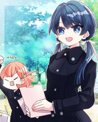  2girls :d angry black_coat blue_eyes blue_hair blue_ribbon border clipboard closed_mouth coat commentary crossed_bangs dark_blue_hair day hair_ornament hair_ribbon hasu_no_sora_school_uniform highres hinoshita_kaho holding holding_clipboard kanduki_kamibukuro link!_like!_love_live! long_hair looking_at_viewer love_live! low_twintails medium_hair multiple_girls murano_sayaka open_mouth orange_hair outdoors outline outside_border rabbit_hair_ornament rectangular_mouth ribbon school_uniform smile solo_focus transparent_border tree twintails two_side_up v-shaped_eyebrows v-shaped_eyes virtual_youtuber white_outline winter_uniform 