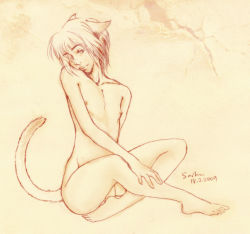  1boy animal_ears cat_boy cat_ears cat_tail feet male_focus monochrome nipples nude original pet_play solo tail toes  rating:Questionable score:13 user:YouRock