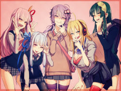  5girls ;p absurdres ahoge at2. backpack bag beads bent_over black_legwear black_necktie black_skirt blonde_hair blue_bow blue_bowtie blue_eyes blue_ribbon blunt_bangs blush border bow bowtie bra breasts buckle cleavage closed_mouth clothes_around_waist cowboy_shot double_v eyebrows green_hair grey_legwear hair_between_eyes hair_bobbles hair_ornament hair_ribbon hair_tubes hairband hairpin hand_gesture hand_on_own_thigh hand_on_thigh handbag head_tilt headphones highres kotonoha_akane kotonoha_aoi lace lace-trimmed_bra lace_trim large_breasts lingerie long_hair long_sleeves low_twintails multiple_girls necktie one_eye_closed orange_eyes over_shoulder pantyhose pink_background pink_border pink_eyes pink_hair pink_necktie plaid plaid_skirt pleated_skirt purple_eyes purple_hair purple_legwear red_bra red_eyes red_legwear red_ribbon ribbon shirt siblings simple_background sisters skirt smirk standing sweater sweater_vest tassel thighhighs tongue tongue_out touhoku_zunko tsurime tsurumaki_maki twins twintails underwear v very_long_hair vocaloid voiceroid white_hair white_shirt yuzuki_yukari zettai_ryouiki  rating:Sensitive score:10 user:danbooru