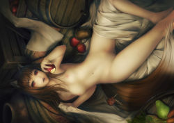  1girl animal_ears apple barrel biting breasts brown_hair carrot cup food fruit highres holo long_hair looking_at_viewer nipples nude pear pussy red_eyes rotated simosi small_breasts solo spice_and_wolf tail third-party_edit uncensored vase wolf_ears  rating:Explicit score:184 user:danbooru