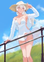  1girl bare_shoulders blue_eyes blue_sky breasts cleavage cloud collarbone commentary dangodes day dress grass hair_between_eyes hand_on_headwear hand_on_railing hat highres hill long_hair long_sleeves looking_at_viewer medium_breasts off_shoulder original outdoors panties side-tie_panties sky sleeveless sleeveless_dress smile solo standing straw_hat sun_hat sundress symbol-only_commentary thigh_gap thighs underwear very_long_hair white_dress white_hair white_panties wind wind_lift 