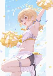  1girl :d absurdres arm_up armlet armpits ass bike_shorts blonde_hair blue_archive blue_sky braid breasts cleavage commentary_request confetti detached_collar elbow_gloves gloves hair_between_eyes halo highres holding holding_pom_poms kneehighs kotori_(blue_archive) kotori_(cheer_squad)_(blue_archive) large_breasts looking_afar low_twintails medium_hair midori_xu navel official_alternate_costume official_alternate_hairstyle open_mouth outdoors pleated_skirt plump pom_pom_(cheerleading) pom_poms red_eyes shoes sidelocks single_braid skirt sky smile sneakers socks solo standing standing_on_one_leg stomach thighlet twintails white_gloves white_skirt white_socks 