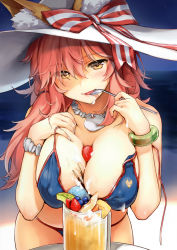 1girl animal_ear_fluff animal_ears bare_shoulders between_breasts bikini blue_bikini bow bracelet breasts cleavage day detexted ears_through_headwear fate/grand_order fate_(series) food food_between_breasts fox_ears fruit hat hat_bow highres holding jewelry large_breasts leaning_forward looking_at_viewer necklace non-web_source outdoors pink_eyes scan smile solo spoon strawberry striped striped_bow summer sun_hat swimsuit tamamo_(fate) tamamo_no_mae_(fate/extra) tamamo_no_mae_(swimsuit_lancer)_(fate) tamamo_no_mae_(swimsuit_lancer)_(third_ascension)_(fate) third-party_edit tropical_drink umakuchi_shouyu untied_bikini white_hat yellow_eyes rating:Sensitive score:27 user:danbooru