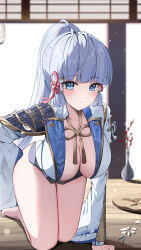  1girl absurdres alternate_breast_size arm_support armor ayaka_(genshin_impact) barefoot blue_eyes blue_hair blunt_bangs blush breasts cosplay genshin_impact highres jacket kamisato_ayato kamisato_ayato_(cosplay) kneeling large_breasts long_hair looking_at_viewer mole mole_under_eye open_clothes open_jacket parted_lips ponytail shoulder_armor solo thighs very_long_hair white_jacket yeni1871 
