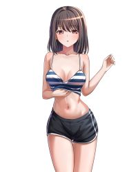  1girl :o bang_dream! bare_shoulders black_hair black_shorts breasts camisole cleavage collarbone commentary cowboy_shot hair_between_eyes hand_up highres medium_breasts medium_hair navel ptal red_eyes short_shorts shorts sidelocks simple_background solo standing striped striped_camisole tsukishima_marina white_background 