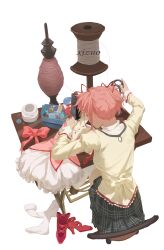  1girl absurdres artist_name black_skirt bow brown_footwear bubble_skirt buttons chair chinese_commentary commentary_request dress frilled_skirt frills from_above full_body hair_ribbon highres juliet_sleeves kaname_madoka long_sleeves mahou_shoujo_madoka_magica mahou_shoujo_madoka_magica_(anime) mitakihara_school_uniform on_chair pink_bow pink_dress pink_hair plaid plaid_skirt puffy_sleeves ribbon school_uniform sewing sewing_machine shoes short_hair short_twintails sitting skirt solo table thighhighs thread twintails unworn_dress unworn_shoes unworn_skirt unworn_socks white_background white_skirt white_thighhighs xizuo yarn 