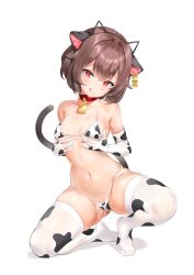  1girl absurdres animal_collar animal_ear_hairband animal_ears animal_print armpit_crease bell bikini black_tail breast_lift breasts brown_hair cat_ear_hairband cat_ears cat_tail closed_mouth collar collarbone commentary_request commission cow_ears cow_print cow_print_bikini cow_print_gloves cow_print_thighhighs cowbell ear_tag elbow_gloves fake_animal_ears gloves gluteal_fold hair_flaps hairband hands_on_own_breasts head_tilt highres keibeam kneeling korean_commentary licking_lips light_blush looking_at_viewer micro_bikini mole mole_on_thigh mole_under_eye navel neck_bell no_shoes original print_bikini print_gloves print_thighhighs prunechi red_collar red_eyes short_hair simple_background small_breasts smile solo squatting stomach swimsuit tail thighhighs tongue tongue_out white_background 