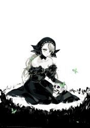  bare_shoulders bug butterfly collarbone commentary d_quan detached_sleeves dress dungeon_meshi elf english_commentary full_body fur-trimmed_sleeves fur_trim green_eyes greyscale highres holding holding_skull insect long_hair marcille_donato marcille_donato_(lord) mixed-language_commentary monochrome pointy_ears sitting skull sleeveless sleeveless_dress spoilers spot_color 