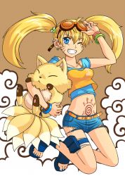 1girl :&lt; animal animal_ears arm_up bag bandages belt belt_buckle blonde_hair blue_eyes blue_shirt blue_shorts bracelet breasts buckle carrying cod.h collarbone cutoff_jeans cutoffs earrings facial_mark facing_viewer fox fox_ears fox_tail full_body genderswap genderswap_(mtf) goggles goggles_on_head grin hair_between_eyes hair_ornament hair_tie hand_up happy holding jewelry jumping kitsune kyuubi kyuubi_(naruto) long_hair looking_at_viewer medium_breasts midriff multiple_tails naruko_(naruto) naruto naruto_(series) navel one_eye_closed parted_lips sandals shirt short_shorts shorts smile smoke solo stomach_tattoo tail tank_top tattoo teeth thigh_strap torn_clothes torn_shorts twintails uzumaki_naruto whisker_markings whiskers wink yellow_tank_top rating:Sensitive score:57 user:danbooru
