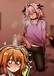  +_+ 1boy 1girl @_@ ahoge astolfo_(fate) blood blush bow braid braided_ponytail choker commentary drooling embarrassed english_commentary erection fate/grand_order fate_(series) fujimaru_ritsuka_(female) hair_between_eyes hair_bow highres kneeling large_penis naoillus nosebleed open_mouth orange_eyes orange_hair penis pink_eyes pink_hair saliva side_ponytail smile symbol-shaped_pupils testicles tongue trap trembling  rating:Explicit score:140 user:danbooru