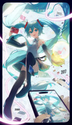  39 2008 2017 2023 2024 :d absurdres aqua_eyes aqua_hair aqua_necktie black_footwear black_skirt black_sleeves boots camera cellphone closed_eyes closed_mouth collared_shirt commentary dated detached_sleeves floating_hair grey_shirt hair_between_eyes hair_ornament hatsune_miku highres holding holding_camera holding_phone kamatoyu long_hair long_sleeves looking_at_viewer miku_day miniskirt necktie open_mouth phone pleated_skirt shirt skirt sleeveless sleeveless_shirt smartphone smile solo_focus thigh_boots twintails very_long_hair vocaloid wing_collar 