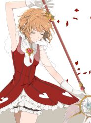 1girl alternate_costume armpits bad_id bad_twitter_id bloomers boots brooch brown_hair capelet cardcaptor_sakura closed_eyes cowboy_shot crossed_legs crown dress flower frilled_dress frills gloves heart heart_print highres holding holding_staff holding_wand jewelry kinomoto_sakura magic magical_girl messy_hair mini_crown petals red_dress rii2a77ru rose rose_petals see-through short_hair sleeveless sleeveless_dress smile solo staff underwear wand white_background white_gloves yume_no_tsue 