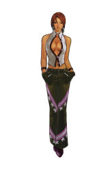  1girl alternate_costume bare_shoulders breasts center_opening cleavage cleavage_cutout clothing_cutout earrings gloves hands_on_own_hips hiroaki_(kof) jewelry large_breasts mature_female navel open_clothes open_shirt pants red_hair shirt short_hair simple_background snk solo the_king_of_fighters vanessa_(kof) vest white_background  rating:Questionable score:32 user:danbooru