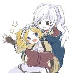  2girls :d black_coat blonde_hair book brown_gloves closed_mouth coat commentary_request dress fingerless_gloves fire_emblem fire_emblem_awakening gloves highres holding holding_book lissa_(fire_emblem) looking_at_another multiple_girls nintendo open_book open_mouth robin_(female)_(fire_emblem) robin_(fire_emblem) smile star_(symbol) tetora_mm twintails white_background white_hair 