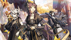  3girls animal animal_ears animal_on_arm animal_on_shoulder architecture arknights belt belt_buckle bird bird_on_arm bird_on_shoulder black_belt black_bird black_choker black_dress black_hair blue_bird bottle brown_eyes brown_hair buckle chinese_commentary choker closed_eyes cloud cloudy_sky commentary_request copyright_name copyright_notice curtains day dress drink drinking dutch_angle east_asian_architecture eyepatch falling_leaves feet_out_of_frame five-fall floating_hair flying forehead_jewel ginkgo_leaf gourd headdress highres holding holding_animal holding_bird holding_drink holding_instrument horns instrument jieyun_(arknights) leaf long_hair long_sleeves looking_afar looking_to_the_side multiple_girls o-ring o-ring_choker official_art outdoors outstretched_arm pillar pipa_(instrument) pointy_ears ponytail promotional_art quartz_(arknights) sake_bottle short_sleeves sidelocks sky smile standing tile_roof translated tree two-tone_dress valarqvin_(arknights) very_long_hair white_bird white_dress white_hair wind wolf_ears wolf_girl 