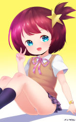  10s 1girl aqua_eyes black_socks born-to-die child fang female_focus flat_chest gradient_background hair_ornament highres loli looking_at_viewer luluco open_mouth panties pantyshot plaid plaid_skirt pleated_skirt red_hair ribbon school_uniform short_hair short_sleeves side_ponytail signature sitting skirt smile socks solo star_(symbol) star_hair_ornament sweater_vest uchuu_patrol_luluco underwear upskirt v watch white_panties yellow_background  rating:Sensitive score:62 user:Mio94