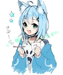  1girl :d ahoge animal_ear_fluff animal_ears black_choker blue_eyes blue_hair blue_jacket choker clenched_hand dog_ears fang hair_ornament hairclip halterneck halterneck hands_up highres himasen jacket looking_at_viewer mihana_rio off-shoulder_jacket off_shoulder open_mouth paper paw_print shirt sketch smile solo star_(symbol) upper_body virtual_youtuber wactor_production white_background white_shirt writing 