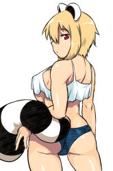 1girl animal_ears araiguma-san arched_back ass back blonde_hair breasts covered_erect_nipples crop_top crop_top_overhang hair_between_eyes holding holding_with_tail large_breasts looking_back loose_clothes loose_shirt no_bra original prehensile_tail raccoon_ears raccoon_tail red_eyes revealing_clothes shirt short_hair short_shorts shorts sideboob sideways_mouth skindentation solo tail tank_top tsukudani_(coke-buta) underboob rating:Questionable score:42 user:danbooru