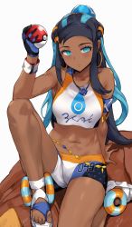  1girl aqua_eyes aqua_hair arm_support armband bare_legs bikini black_hair breasts commentary creatures_(company) dark-skinned_female dark_skin earrings expressionless eyeshadow game_freak gloves gym_leader hair_ornament hews highres holding holding_poke_ball hoop_earrings jewelry looking_at_viewer makeup midriff multicolored_hair multiple_earrings navel necklace nessa_(pokemon) nintendo parted_bangs poke_ball poke_ball_(basic) pokemon pokemon_swsh sandals sidelocks simple_background single_glove sitting small_breasts solo sports_bikini swimsuit tankini two-tone_hair white_background wristband  rating:Questionable score:106 user:danbooru