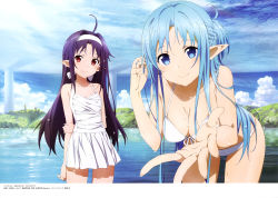 10s 2girls absurdres ahoge arms_behind_back asuna_(sao) asuna_(sao-alo) bikini blue_eyes blue_hair braid breasts cleavage cloud day french_braid front-tie_top half_updo halterneck highres leaning_forward long_hair medium_breasts multiple_girls nakamura_naoto official_art one-piece_swimsuit outdoors outstretched_arm outstretched_hand pillar pointy_ears purple_eyes purple_hair sky small_breasts smile swimsuit sword_art_online thighs water wet white_bikini white_one-piece_swimsuit yuuki_(sao) rating:Sensitive score:53 user:danbooru