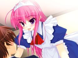  1boy 1girl game_cg hime_x_hime indoors kujouin_saki maid pink_hair purple_eyes tagme tongue  rating:Questionable score:4 user:EvilGVDX