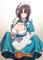  1girl :| alternate_costume apron ayuman black_garter_straps black_hair black_thighhighs blue_dress breasts closed_mouth clothes_lift commentary_request dress dress_lift enmaided garter_straps gradient_background highres kantai_collection large_breasts lifted_by_self looking_at_viewer maid maid_headdress red_eyes short_hair simple_background solo takao_(kancolle) thighhighs waist_apron 