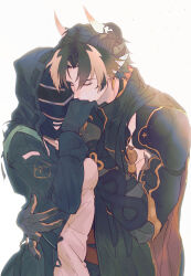  1boy 1girl absurdres arknights armor black_cloak black_coat black_gloves black_hair black_nails brown_hair chong_yue_(arknights) cloak closed_eyes closed_mouth coat collared_cloak colored_extremities doctor_(arknights) dragon_boy dragon_horns earrings female_doctor_(arknights) gloves gradient_hair half_gloves hand_around_waist hand_grab hand_up hands_up hetero high_collar highres hood hood_up hooded_coat horns jewelry kiss kissing_hand long_hair low_ponytail mask multicolored_hair open_clothes open_coat pauldrons pointy_ears rerebrace shoulder_armor simple_background single_glove single_pauldron smile streaked_hair upper_body walhee221 white_background 