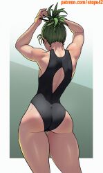  1girl absurdres adjusting_hair alternate_costume alternate_hairstyle arms_up ass back back_cutout black_one-piece_swimsuit clothing_cutout commentary english_commentary feet_out_of_frame from_behind green_background green_hair hair_pulled_back high_ponytail highres one-piece_swimsuit one-punch_man ponytail short_hair simple_background solo standing stopu swimsuit tatsumaki thigh_gap toned toned_female tying_hair variant_set 