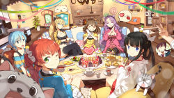 &gt;_&lt; 1boy 6+girls :q :t ahoge black_hair black_legwear blazer blue_hair bow braid breasts brown_hair cake cake_stand cat cleavage closed_mouth collarbone couch crop_top cropped_jacket crossed_legs cup curly_hair d: facial_hair fang fang_out food goatee green_eyes hair_bow hair_bun hair_ornament hair_rings hair_scrunchie hakama hakama_short_skirt hakama_skirt heart highres holding holding_cup holding_food indoors jacket japanese_clothes jitome large_breasts linfi-muu living_room long_hair looking_back miko miniskirt multiple_girls off-shoulder_shirt off_shoulder on_couch one_eye_closed one_side_up open_mouth orange_hair out_of_frame parfait pastry photobomb pleated_skirt pov purple_eyes purple_hair rimless_eyewear sandwich saucer scrunchie shaonyu_cofee_gun shirt short_hair side_bun side_ponytail sidelocks single_hair_bun single_side_bun sitting skirt sleeves_past_elbows spoken_squiggle spoon squiggle striped_clothes striped_shirt tareme teacup teapot teeth thighhighs thought_bubble tiered_tray tongue tongue_out v-shaped_eyebrows wavy_hair white_skirt wide_sleeves yellow_bow rating:Sensitive score:3 user:danbooru