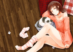  1boy animal aran_sweater arm_behind_head bad_id bad_pixiv_id bare_shoulders blunt_bangs bottomless brown_eyes brown_hair cable_knit candy cat clothes_pull clothes_tug collarbone floor food kaname_(locon) legs locon lollipop long_sleeves lying male_focus no_panties off_shoulder on_floor on_side orange_shirt original pillow shirt short_hair socks solo striped_clothes striped_socks sweater sweater_pull sweater_tug testicles trap unworn_socks 