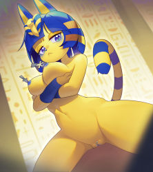  1boy 1girl :&lt; absurdres animal_crossing animal_ears ankh ankha_(animal_crossing) ankha_zone_(meme) blue_hair blunt_bangs bob_cut breasts cat_ears cat_girl cat_tail clitoris_piercing collarbone colored_skin commentary completely_nude cowgirl_position crossed_arms egyptian from_below furry furry_female furry_with_non-furry hair_ornament highres interspecies large_breasts looking_at_viewer navel nintendo nipple_piercing nipples nude okitanation piercing pussy pussy_piercing sex short_hair snake_hair_ornament solo_focus straddling striped_tail tail vaginal yellow_skin  rating:Explicit score:253 user:danbooru