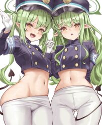  2girls :d armband armeria blue_archive blue_armband blue_hat blue_shirt blush clothes_pull commentary crop_top demon_girl demon_tail english_commentary fang gloves green_hair green_halo halo hands_up hat highres hikari_(blue_archive) holding_hands long_hair long_sleeves looking_at_viewer midriff multiple_girls navel nozomi_(blue_archive) open_mouth pantyhose pantyhose_pull peaked_cap pointy_ears shirt siblings simple_background sisters skin_fang skindentation smile smug standing tail tail_around_own_leg twins twintails upper_body white_background white_gloves white_pantyhose yellow_eyes 