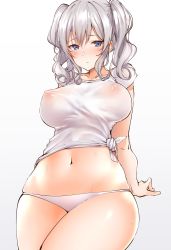 1girl arm_support arms_behind_back blue_eyes blush breasts closed_mouth collarbone cowboy_shot hechi_(hechi322) highres kantai_collection kashima_(kancolle) large_breasts looking_at_viewer navel no_pants panties see-through shirt short_sleeves sidelocks silver_hair simple_background sitting skindentation solo tied_shirt twintails underwear upper_body wavy_hair wet wet_clothes white_background white_panties white_shirt rating:Questionable score:46 user:danbooru