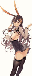  1girl absurdres animal_ears arms_up ass azur_lane black_thighhighs blush braid breast_curtains breasts brown_eyes brown_hair chikuma_(azur_lane) clothes_lift clothing_cutout collar hair_ornament high-waist_skirt highres hiiragi_yuuichi incredibly_absurdres large_breasts long_hair long_sleeves looking_at_viewer mole mole_under_mouth necktie open_mouth rabbit_ears side_cutout sideboob skirt skirt_lift smile solo thighhighs thighs  rating:Sensitive score:43 user:danbooru