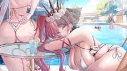  4girls absurdres ass ball baobhan_sith_(fate) baobhan_sith_(swimsuit_pretender)_(fate) baobhan_sith_(swimsuit_pretender)_(third_ascension)_(fate) barghest_(fate) barghest_(swimsuit_archer)_(fate) barghest_(swimsuit_archer)_(final_ascension)_(fate) beachball bikini black_nails blue_nails breasts breasts_on_lap cup drinking_glass fate/grand_order fate_(series) flower grey_eyes hair_flower hair_ornament head_out_of_frame highres innertube kennedukennedy1 large_breasts leaning_forward leaning_on_table long_hair looking_at_viewer melusine_(fate) morgan_le_fay_(fate) morgan_le_fay_(water_princess)_(fate) multiple_girls nail_polish outdoors pink_hair poolside red_hair side_ponytail sideboob sitting solo_focus string_bikini swim_ring swimsuit table veil white_bikini 