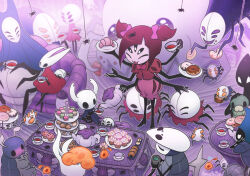  arthropod_girl bano_akira black_eyes black_hair black_skin blank_eyes bow bug cloak colored_skin cup doughnut extra_arms extra_eyes fangs food full_body holding holding_teapot hollow_eyes hollow_knight hornet_(hollow_knight) horns insect_girl knight_(hollow_knight) mask monster_girl muffet multiple_others no_humans purple_skin red_cloak short_hair silk smile spider spider_girl spider_web standing teacup teapot two_side_up undertale 