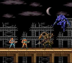16bit bill_rizer blasters castlevania_(series) contra contra_iii_the_alien_wars crescent_moon crossover gaibon game_console konami lance_bean lowres moon night night_sky nintendo polearm sky slogra snes spear super_castlevania_iv super_nintendo weapon weapons