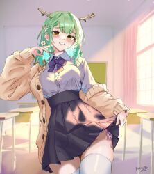  1girl black_skirt blush breasts buttons ceres_fauna ceres_fauna_(jirai_kei) classroom clothes_lift cowboy_shot flower green_hair hair_branch hair_flower hair_ornament high-waist_skirt holocouncil hololive hololive_english indoors large_breasts lifted_by_self long_hair mole mole_under_eye off_shoulder official_alternate_costume open_mouth panties panty_peek pennylessmac pleated_skirt ribbon shirt side-tie_panties skirt skirt_lift smile solo thighhighs underwear virtual_youtuber white_shirt white_thighhighs yellow_eyes zettai_ryouiki 