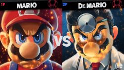  2boys ai-generated_art_(topic) black_hair blue_eyes character_name closed_mouth coat doctor dr._mario dr._mario_(game) facial_hair hat head_mirror highres lab_coat looking_at_viewer male_focus mario mario_(series) meme multiple_boys mustache necktie nintendo red_hat red_necktie simple_background super_smash_bros. super_smash_bros._logo upper_body vs white_coat ya_mari_6363 