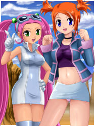  00s 2girls black_choker blue_eyes border breasts choker clenched_hand clenched_hands cloud cowboy_shot creatures_(company) day desert dress game_freak gloves goggles goggles_on_head green_eyes hand_on_own_hip happy hip_focus jacket legs_together long_hair looking_at_viewer lovrina_(pokemon) medium_breasts midriff miniskirt multiple_girls nintendo open_mouth orange_hair outdoors outside_border panties panty_peek pantyshot pencil_skirt pink_hair pink_panties pointing pokemoa pokemon pokemon_colosseum pokemon_xd rui_(pokemon) shirt short_dress short_hair short_twintails sidelocks skirt sky sleeveless sleeveless_dress smile standing thighhighs twintails underwear upskirt very_long_hair white_border white_gloves white_panties zettai_ryouiki  rating:Questionable score:74 user:nicolau