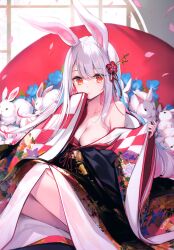 1girl :&lt; absurdres animal_ears areola_slip bare_shoulders blunt_bangs blush breasts checkered_clothes checkered_kimono cleavage closed_mouth collarbone flower hair_flower hair_ornament highres japanese_clothes ke-ta kimono large_breasts long_hair looking_at_viewer non-web_source obi off_shoulder petals rabbit rabbit_ears rabbit_girl red_eyes reisen_udongein_inaba sash scan sitting sleeves_past_wrists solo touhou very_long_hair white_hair wide_sleeves yokozuwari rating:Questionable score:23 user:danbooru