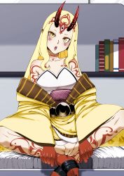  1girl blonde_hair breasts colorized facial_mark fate/grand_order fate_(series) fingernails forehead_mark highres horns ibaraki_douji_(fate) indian_style japanese_clothes kimono looking_at_viewer medium_breasts no_panties oni oni_horns pussy sharp_fingernails sharp_toenails sitting solo tatsumaki_udon third-party_edit toenails uncensored yellow_eyes  rating:Explicit score:28 user:nach_zehrer