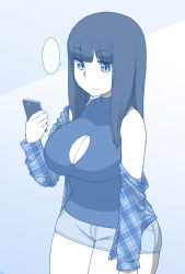  ... 1girl arm_at_side bare_shoulders black_hair blue_theme blunt_bangs blush breasts cellphone cleavage cleavage_cutout closed_mouth clothing_cutout collarbone cowboy_shot curvy denim denim_shorts ekz_(robotekz) frown highres holding holding_phone imminent_paizuri large_breasts long_hair long_sleeves monochrome off_shoulder open_clothes open_shirt original phone plaid plaid_shirt shirt short_shorts shorts sketch smartphone solo spoken_ellipsis standing thick_thighs thighs unmoving_pattern wide_hips  rating:Sensitive score:50 user:danbooru