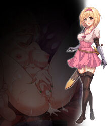  1girl aftersex blonde_hair boots breasts brown_eyes butt_plug censored cleavage collarbone commentary_request completely_nude condom covering_own_eyes cum cum_in_pussy cum_on_body cum_on_breasts cum_on_upper_body djeeta_(granblue_fantasy) dress full_body gauntlets granblue_fantasy hairband highres hitachi_magic_wand lying mosaic_censoring multiple_views nipple_piercing nude on_back on_bed piercing pink_dress pussy red_hairband scabbard sex_toy sheath sheathed short_hair smirk spread_legs spread_pussy sword thigh_boots used_condom v vibrator weapon white_dress yumejidake 