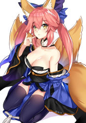  10s 1girl animal_ears arm_at_side artist_name bare_shoulders between_legs black_thighhighs bow breasts closed_mouth collarbone detached_collar detached_sleeves eyelashes fate/extra fate_(series) fox_ears fox_shadow_puppet fox_tail from_above gendo0032 gendo0033 hair_between_eyes hair_bow japanese_clothes long_hair looking_at_viewer medium_breasts multiple_tails obi pink_hair sash sidelocks simple_background sitting solo tail tamamo_no_mae_(fate/extra) thighhighs twintails wariza white_background wide_sleeves yellow_eyes  rating:Sensitive score:17 user:danbooru