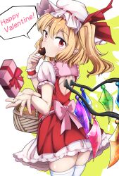  1girl absurdres back_cutout basket blonde_hair box candy chocolate chocolate_heart clothing_cutout cowboy_shot crystal_wings flandre_scarlet food from_behind gift gift_box hat heart highres looking_at_viewer mob_cap pechimaru pink_ribbon pointy_ears red_eyes red_ribbon ribbon solo touhou valentine 