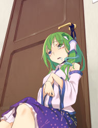 1girl asphyxiation bad_id bad_pixiv_id breasts breathplay corpse death detached_sleeves door doorknob dress empty_eyes eyes_visible_through_hair female_focus frog_hair_ornament green_eyes green_hair guro hair_ornament hair_over_one_eye hair_ribbon indoors knees kochiya_sanae large_breasts medium_hair necktie nose open_mouth ribbon saliva sitting skirt snake snake_hair_ornament strangling suicide tears touhou yoshinome rating:Questionable score:85 user:zanzibar