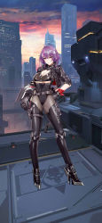  1girl biker_clothes breasts cleavage d._(ddot2018) full_body highres iron_saga large_breasts looking_at_viewer nagase_aya_(iron_saga) official_art pale_skin purple_hair red_eyes solo standing  rating:Questionable score:3 user:Manin